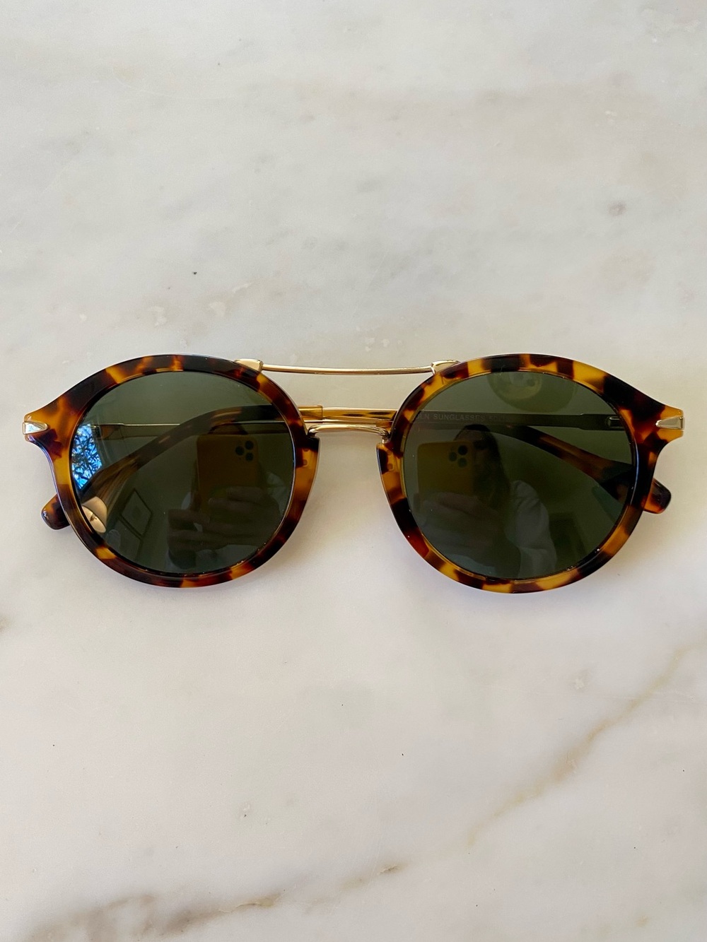 J McLaughlin Tortoiseshell Round Sunglasses with Gold Bridge - Brown/dark lens